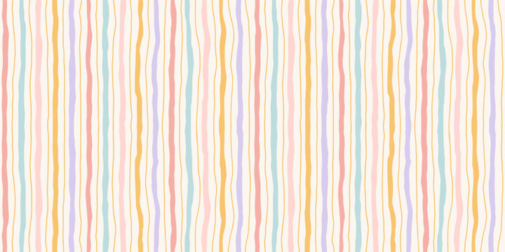 Watercolor Baby Stripe Seamless Pattern. Hand Drawn Vertical Pastel Wavy Stripes in Pink, Peach, Mint, Lavender and Yellow on Cream Background. Vector Wavy Lines For Wallpaper, Baby Clothing, Wrap