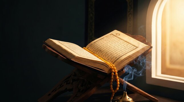 Holy Quran resting on a rehal with prayer beads, illuminated by sunlight through a window, symbolizing Islamic faith and devotion.