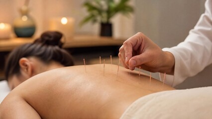 Fototapeta premium Professional Acupuncture Therapy Session for Back Pain Relief in Wellness Spa
