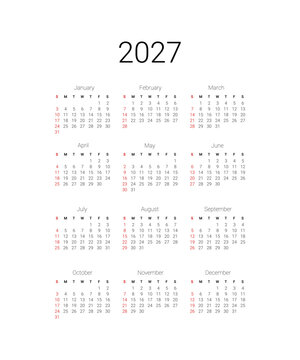 English 2027 calendar start from Sunday. Vector illustration design template for USA, Canada