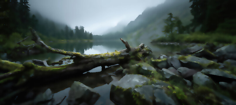 Misty mountain lake with mossy fallen log and rocks