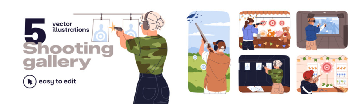 People are shooting in gallery set. Shooters fire with guns and rifles at goals in range back view. Men, women, and kids aim at targets with shotguns. Firearms training. Flat vector illustrations