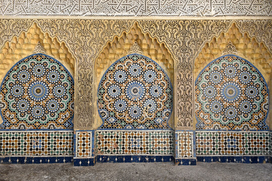 Ornamental and colorful arabesque carvings, mosaic tiles, zellige, medina of Tangier, Morocco
