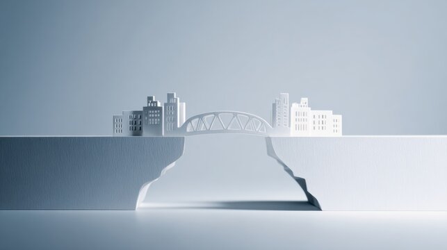 A miniature city model with a bridge spanning across a chasm