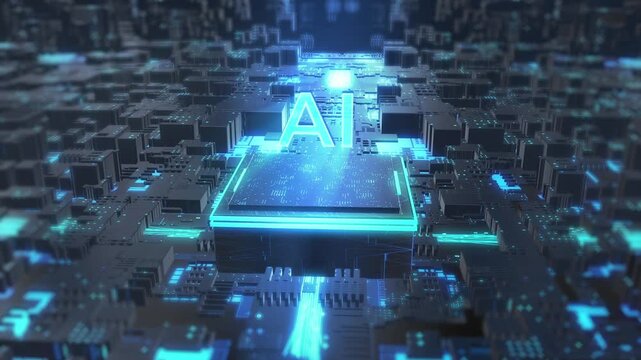 AI chip connects to motherboard and emits light to link with circuit board, activating the whole system to release particles and lines. Shocking 3D animation.