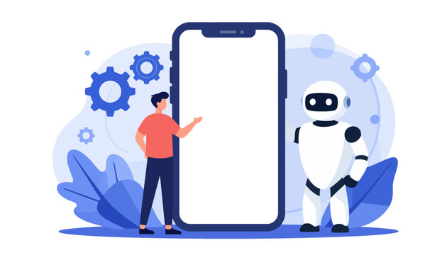 Artificial intelligence chatbot assistant interacting with a user next to a blank smartphone screen, showcasing innovation and future technology