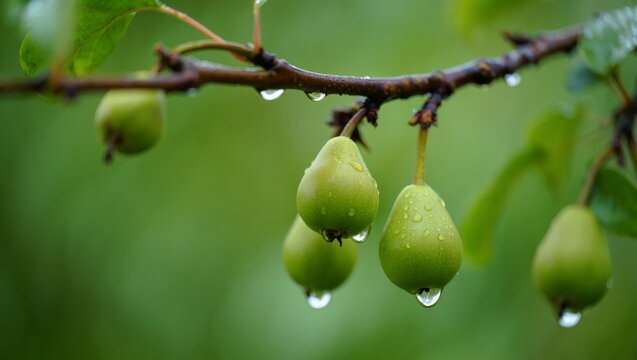 Small green pears on branch with water droplets after rain shower.