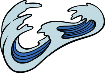 Naklejka premium Cartoon ocean wave curl with light blue foam and dark blue line details, centered on gray background as a stylized marine design element