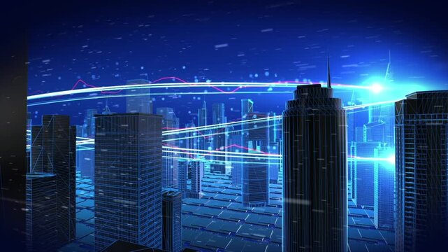 Blue glowing particles traverse a 3D city model, lighting up the entire urban landscape. Flowing particle stripes and luminous lines. 3D digital video for openings, logos, and data transmission.