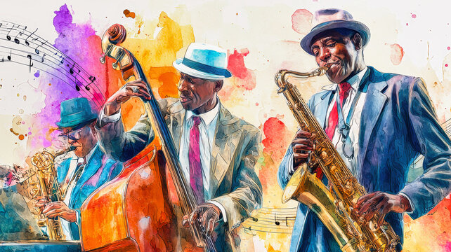 Jazz musicians create a vibrant atmosphere of sound and color in a lively performance at dusk