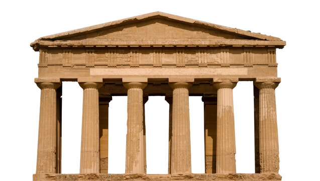 Ancient Greek Doric temple facade with fluted columns, isolated on transparent background