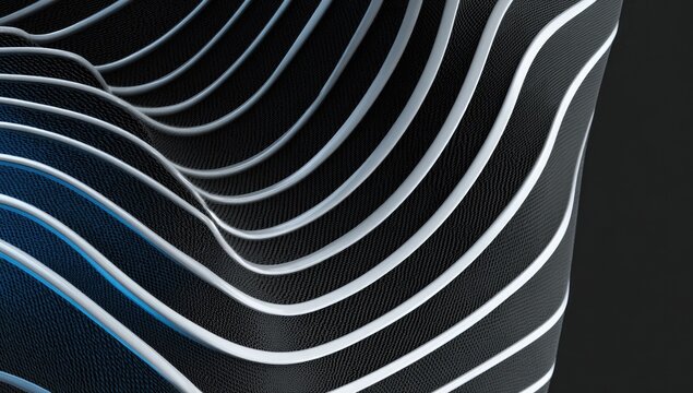 Abstract undulating surface with parallel, textured lines and glowing blue light