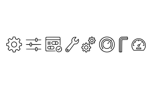 Settings and configuration icon set with gears sliders wrench toggles dashboard speedometer and allen key for technical maintenance flat line