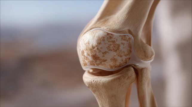 Annotated cross-section diagram of the human knee showing femur, tibia, meniscus, anterior cruciate ligament, and synovial fluid cavity with precise orthopedic labeling for sports medicine education