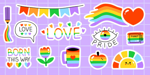 Naklejka premium Vector lgbt pride sticker pack. Rainbow bunting, heart trail, speech bubble, lettering love, pride eye, ticket, born this way quote, flower, mug, apple and cute sun. Colorful gay lgbtq sticker set.
