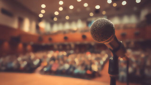 A microphone stands ready on stage in a dimly lit, blurred auditorium with audience