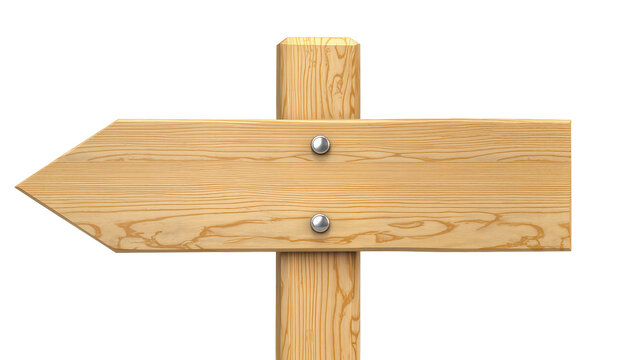 Wooden directional signpost with arrow pointing left, isolated on transparent background