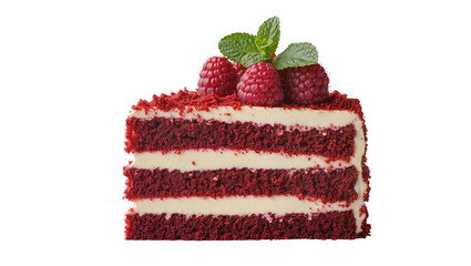 Decadent red velvet cake slice with cream cheese frosting raspberries and mint, isolated on transparent background © Mia