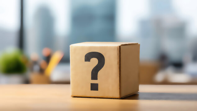 A brown cardboard box with a black question mark on its side sits on a desk