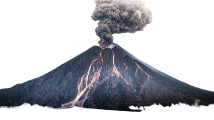 Active volcano erupting with glowing lava flows and dark ash cloud, isolated on transparent background © Mia