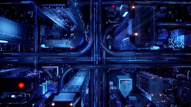 Digital VFX 3D Render of a Futuristic Business City. Camera Flowing Through the Abstract Streets with Technological Interconnected Lines Representing Worldwide Web, Internet Connectivity and Big Data.