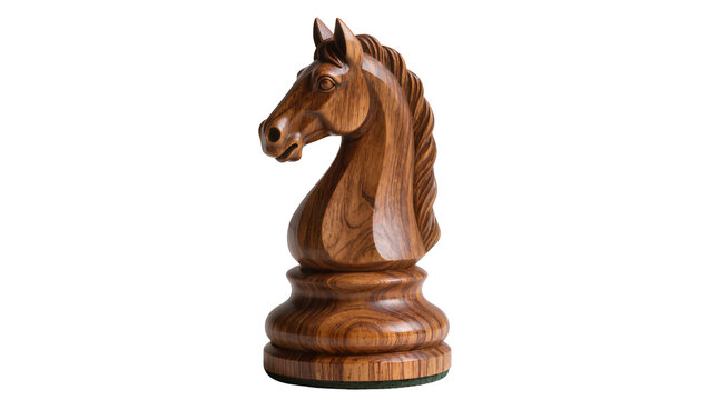 Detailed carved wooden chess knight piece, isolated on transparent background