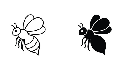 Cute flying bee insect icon set in outline and solid black style for nature environment and honey production concepts © Minimalist