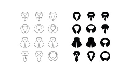 Fototapeta premium Shirt collar and tie icon set in outline and solid black style for fashion and corporate attire design element
