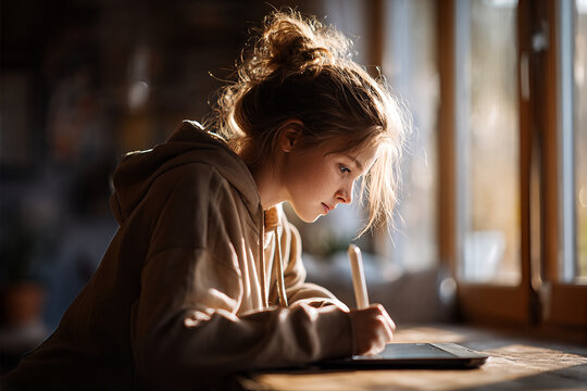Young woman student artist with freckled face and messy bun concentrates using stylus on tablet at sunlit wooden table beside large window