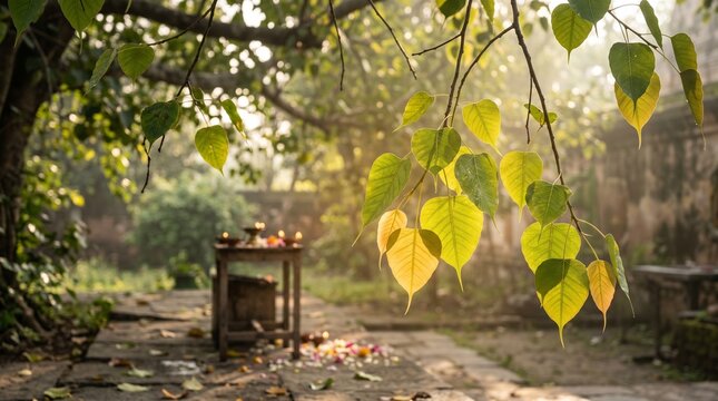 Serene Bodhi Puja Background with Sacred Ficus Religiosa Leaves Gently Illuminated by Soft Sunlight and a Glowing Spiritual Aura