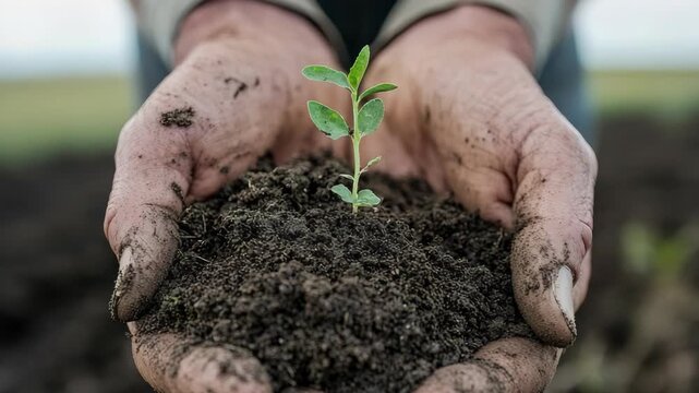 Hands hold moist soil with a young seedling emerging from the ground in a field. The gardener shows care and attention to the new plant. This takes place in clear daylight in a rural area