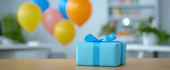Naklejka premium Elegant present wrapped in vibrant blue paper on a desk with cheerful balloons at a corporate celebration
