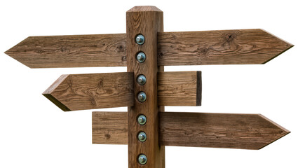 Rustic wooden directional signpost with multiple arrow pointers, isolated on transparent background © Mia