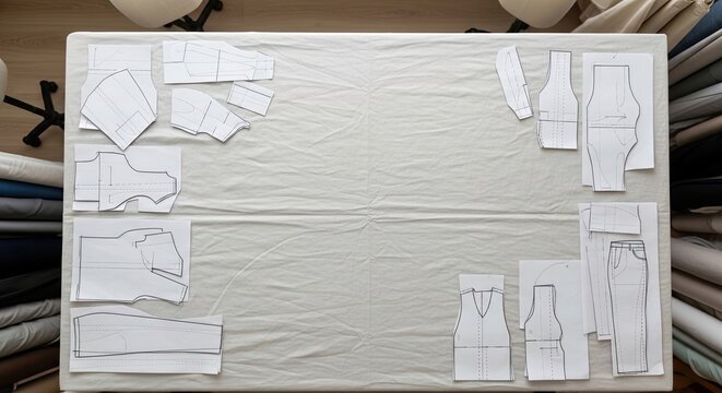 Sewing Pattern Pieces Laid Out on White Fabric for Cutting.
