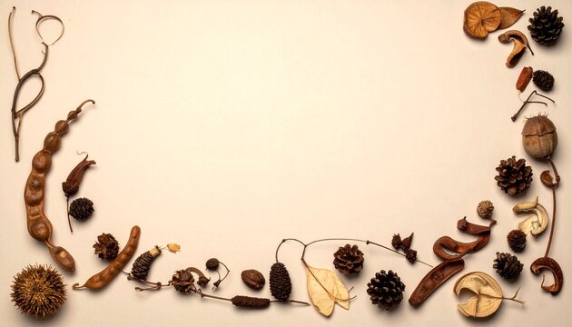 A circular arrangement of dried seed pods, nuts, pine cones, and dried fruit on a neutral background