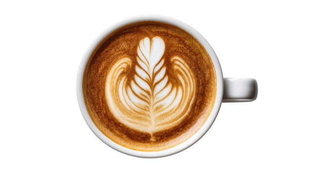 White ceramic cup with latte art coffee, isolated on transparent background