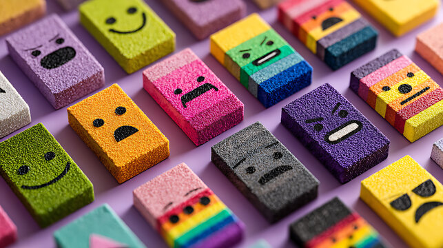 Colorful conceptual illustration of emotional diversity, mental health awareness and psychological wellbeing, representing varied moods, feelings and human emotional expression