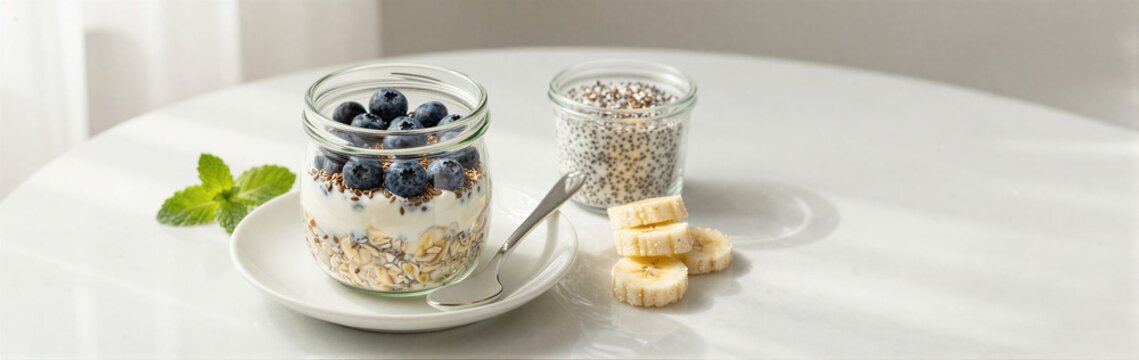 Overnight oats jar with blueberries and banana on table