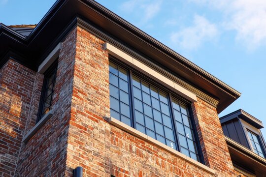 Warm brick siding and an elegant upper-window detail on a home