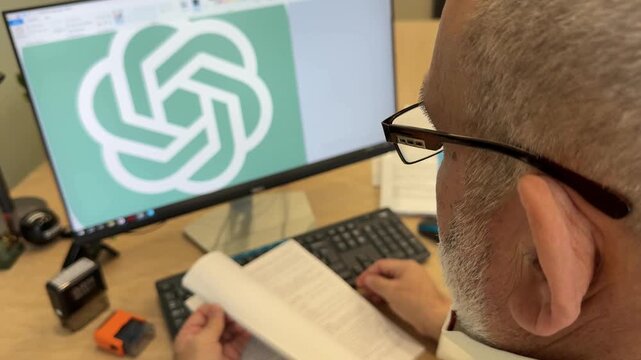  Business workflow: flipping printed documents by monitor, hands only, 4K slow motion.There's a gpt chat sign on the monitor.