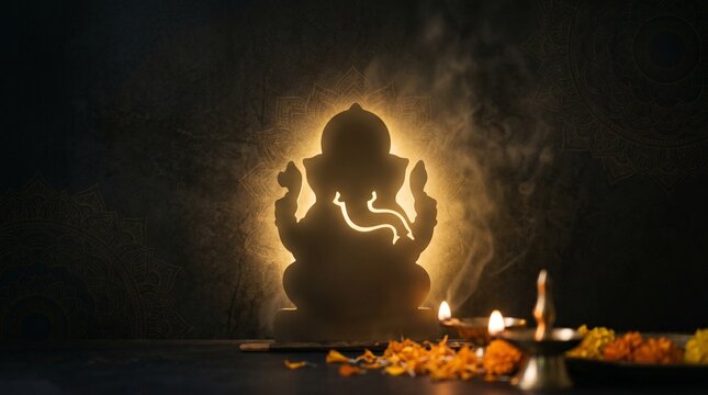 Elegant Ganesh Chaturthi festival background featuring a divine golden silhouette of Lord Ganesha, glowing light effects, and traditional Indian mandala patterns.
