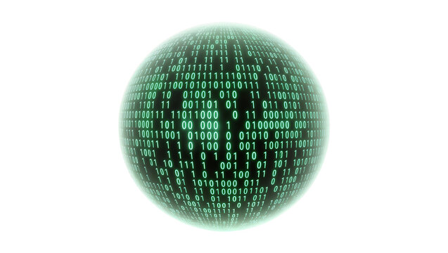 Glowing green binary code sphere representing digital data, isolated on transparent background