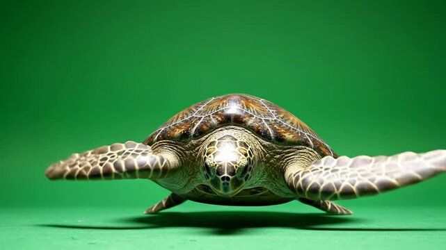 Green Sea Turtle Gliding Gracefully Towards the Camera Against a Vibrant Green Background