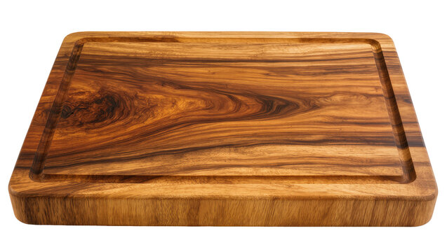 Rectangular wooden cutting board with juice groove, isolated on transparent background