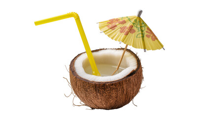 Naklejka premium Halved coconut with refreshing drink yellow straw and decorative umbrella, isolated on transparent background