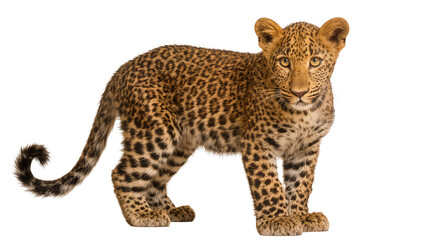 Young leopard with spotted fur standing alert, isolated on transparent background © Mia