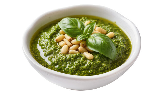 Green pesto sauce with pine nuts and basil leaves, isolated on transparent background