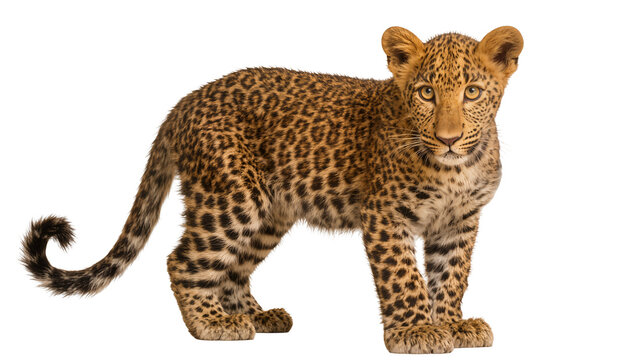 Young leopard with spotted fur standing alert, isolated on transparent background