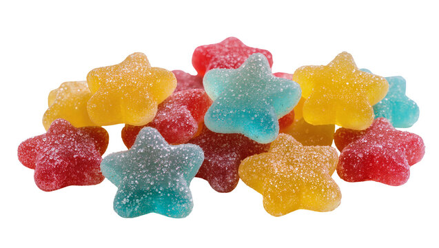 Pile of colorful star-shaped gummy candies dusted with sugar, isolated on transparent background