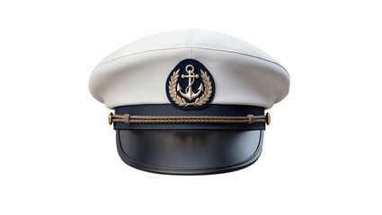 White captain s hat with navy band and anchor emblem, isolated on transparent background © Mia